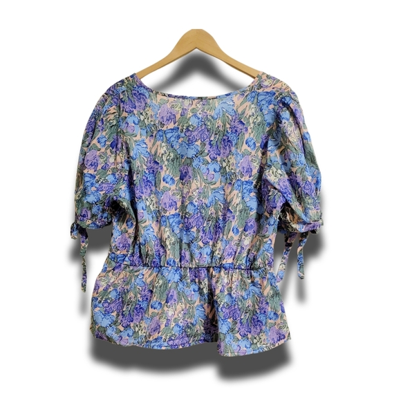 🌿Sweet Rain Women's 2XL Cotton Blue Purple Tan Puff Sleeve Floral Top - Picture 8 of 12